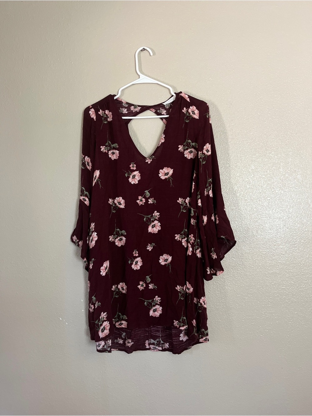 Lush Wine Floral High-Low V-Neck Bell Sleeve Dress - Picture 6 of 6